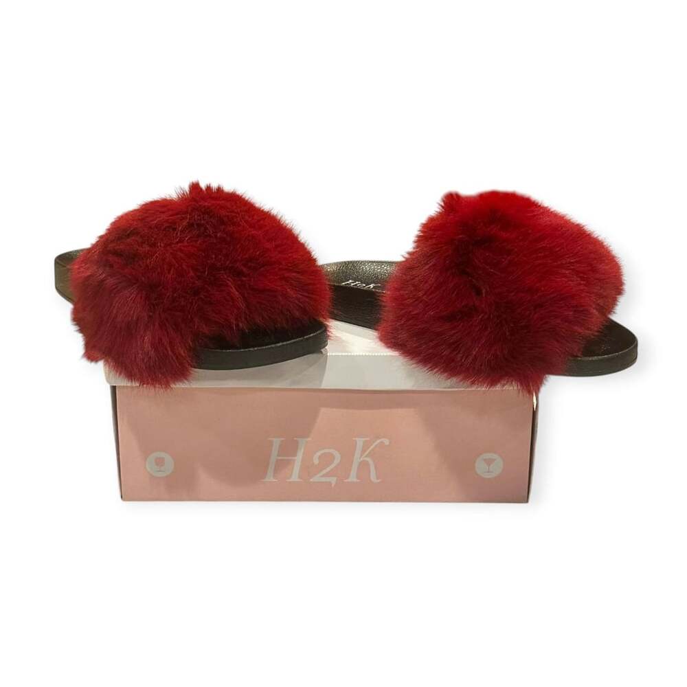 H2K Red Faux Fur Slide Sandals Women’s Size 8